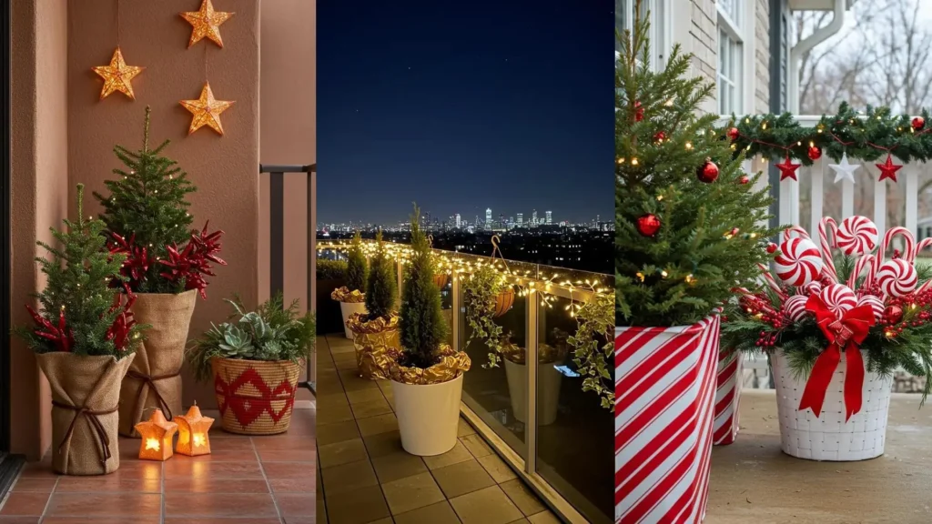 Festive balcony Christmas scenes featuring evergreen trees in wrapped planters, star lights, and holiday decorations.