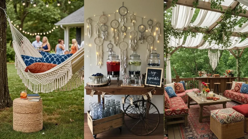 Bohemian 4th of July party decor with dreamcatchers, tribal patterned cushions, earthy reds, and a festive drink bar.