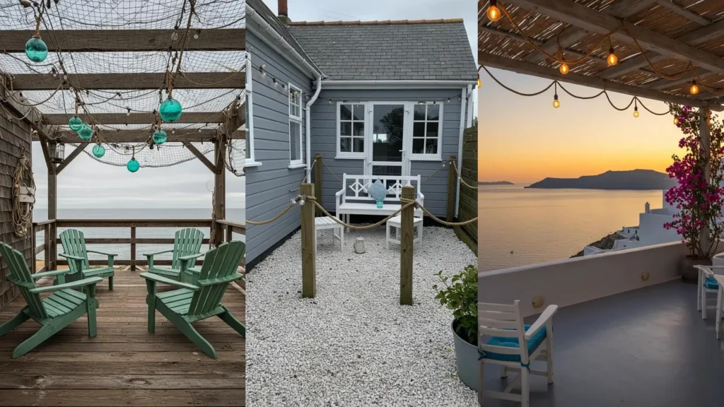 Coastal terrace & patio scenes with various chairs, nautical rope decor, and inviting string lights.