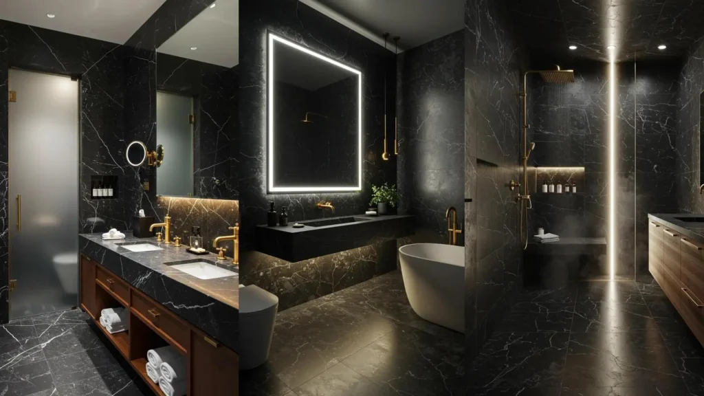 Elegant black marble bathroom with white veining, gold hardware, illuminated by modern LED strip lighting.