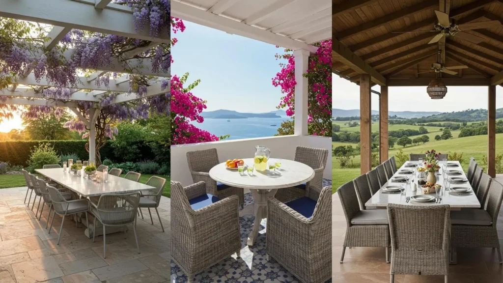 Three elegant patio scenes featuring marble-topped tables and soft gray wicker armchairs.