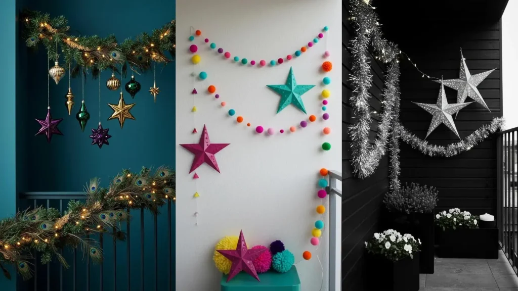 Festive balcony wall decor ideas with colorful garlands, twinkling lights, and hanging stars.