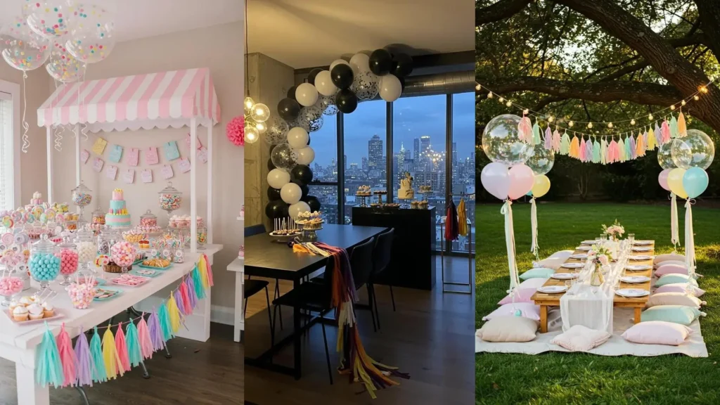 Festive party scenes showcasing confetti balloon bouquets and rainbow tassel garlands for birthday inspiration.