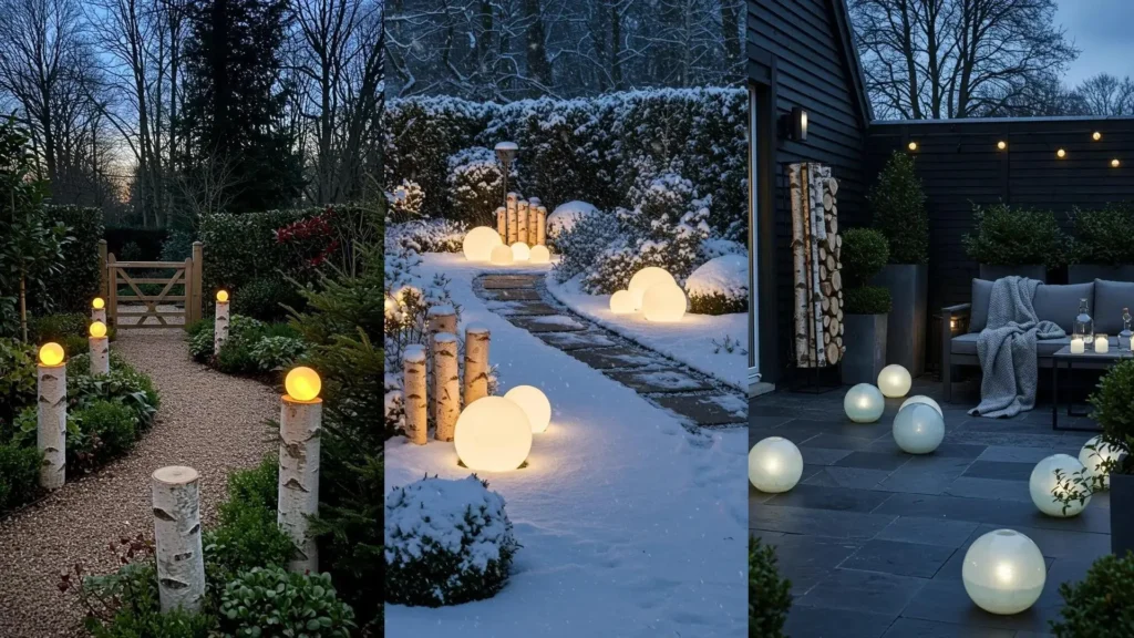 Three festive garden decor scenes featuring glowing orbs, birch logs, and seasonal greenery for cozy outdoor spaces.
