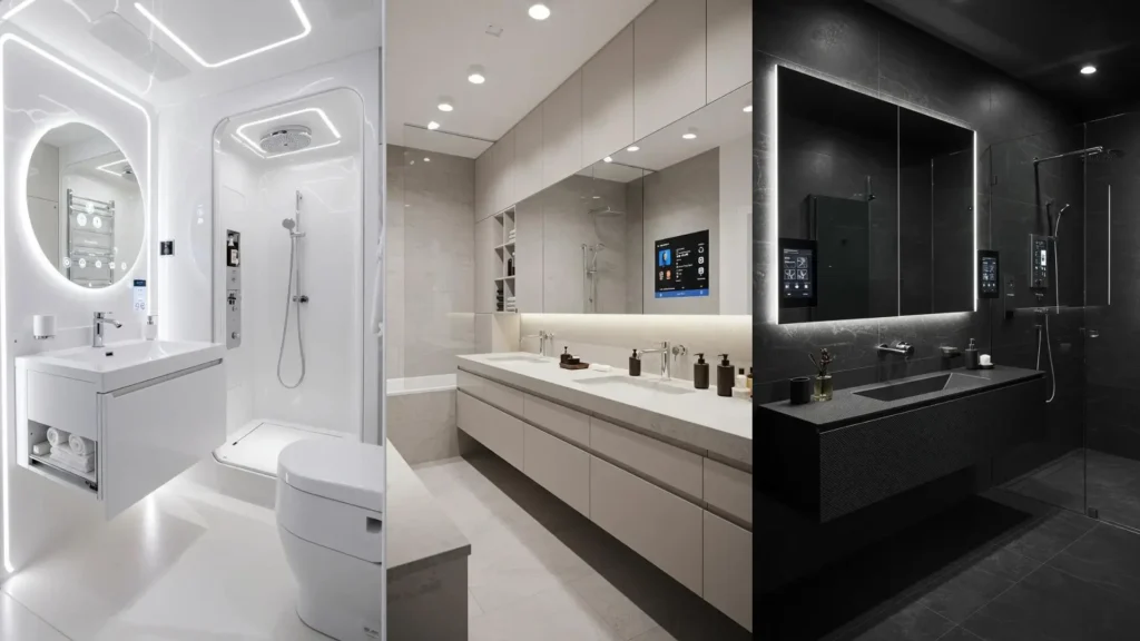 Three futuristic smart bathrooms with digital mirrors, touchless faucets, and integrated storage solutions.