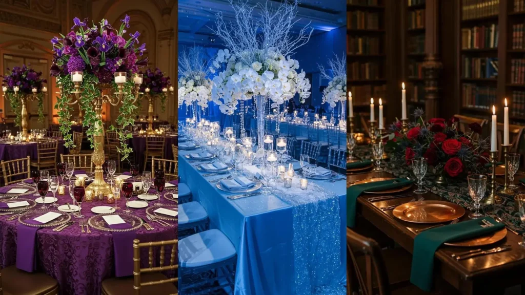 Three glamorous tablescapes featuring crystal glassware, metallic chargers, and luxurious textures.