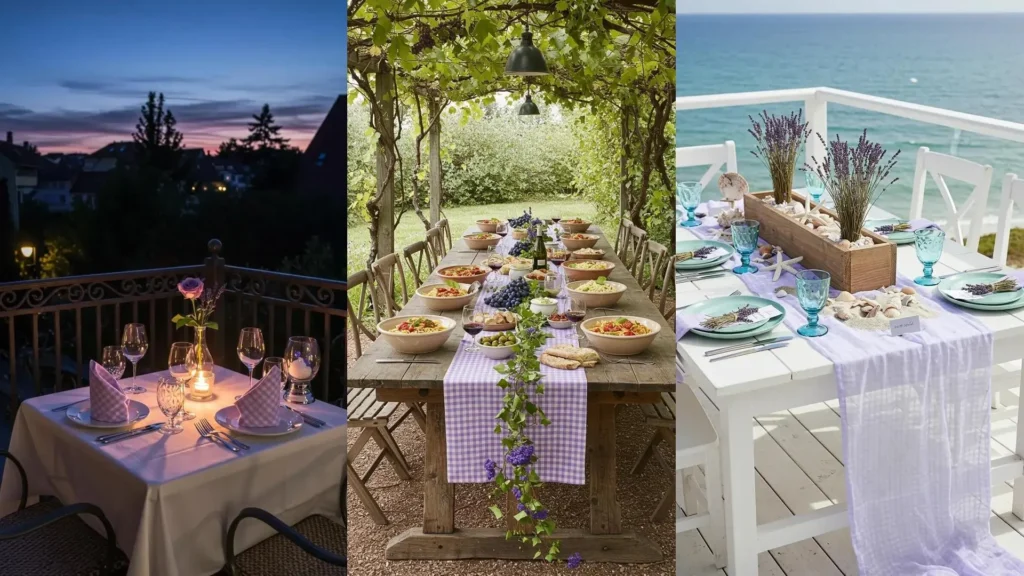 Diverse lavender-themed table styling ideas with purple florals, rustic decor, and gingham accents.
