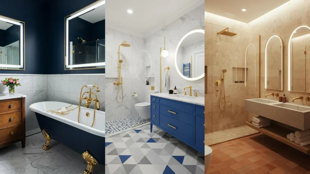 Three stylish marble bathrooms featuring elegant gold fixtures, bright backlit mirrors, and modern geometric floor tiles.