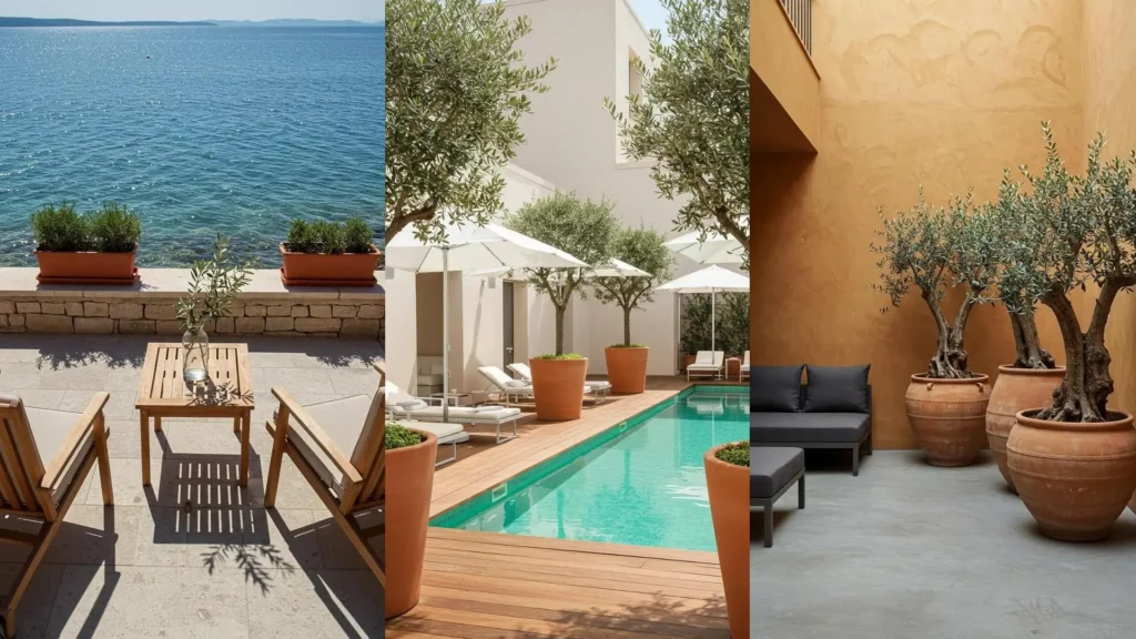 Three stunning Mediterranean patio vignettes showcasing terracotta pots, olive branches, and elegant outdoor decor for a relaxed feel.