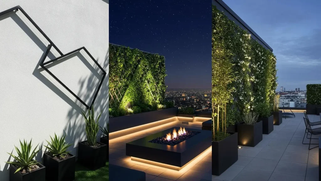 Minimalist urban garden decor featuring geometric green walls, monochrome pots, and a modern fire pit on a rooftop.