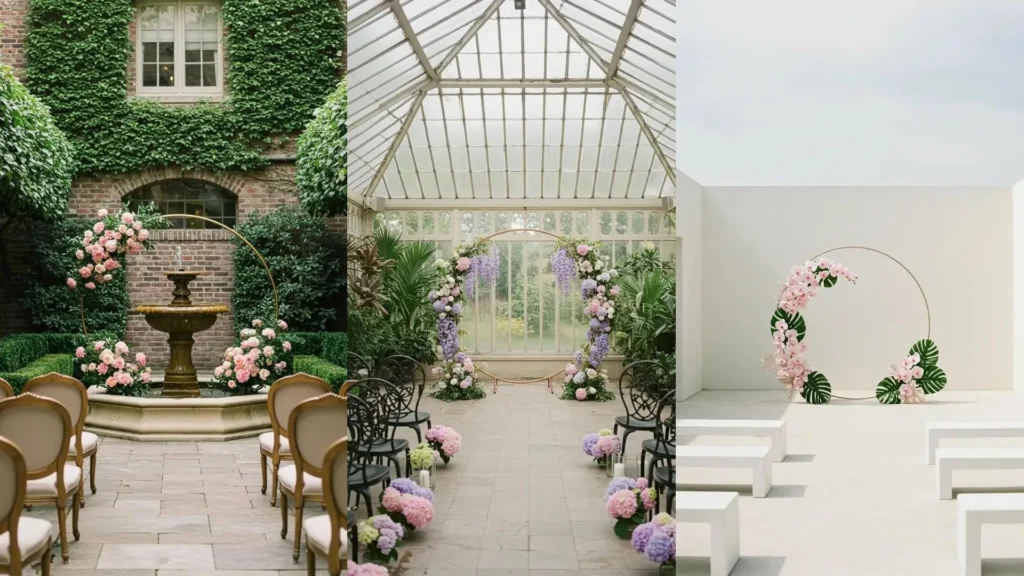 Pastel flower hoop wedding ceremony decor in beautiful garden and greenhouse settings.
