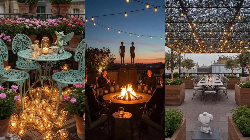 Romantic terrace garden scenes with string lights, charming garden statues, and elegant wrought iron furniture.