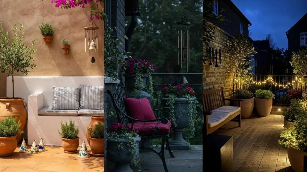 Serene city garden spaces with soft benches, low pots, wind chimes, and ambient lighting creating cozy outdoor areas.