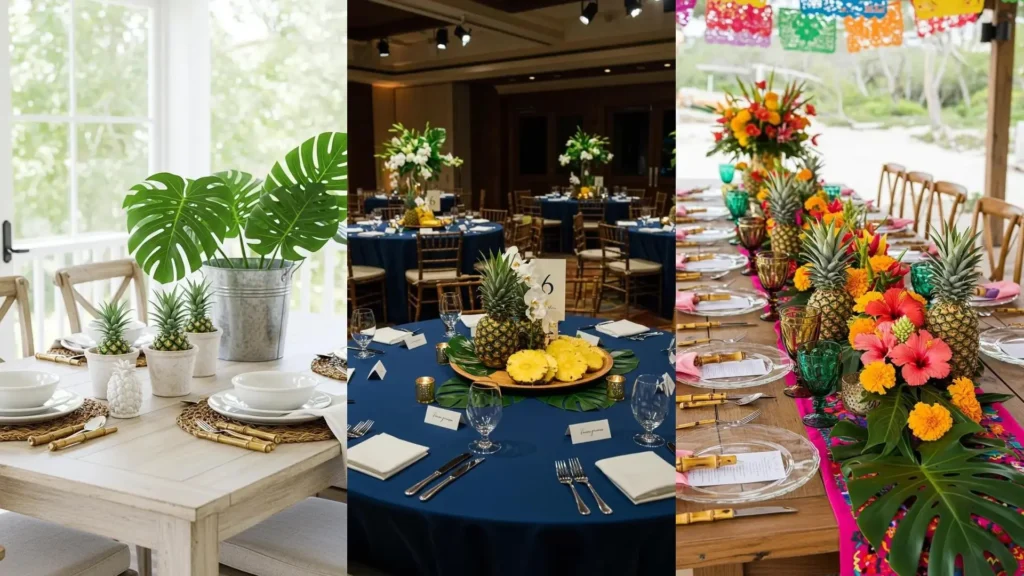 Three tropical tablescapes featuring pineapple centerpieces, monstera leaves, and bamboo accents for party styling.