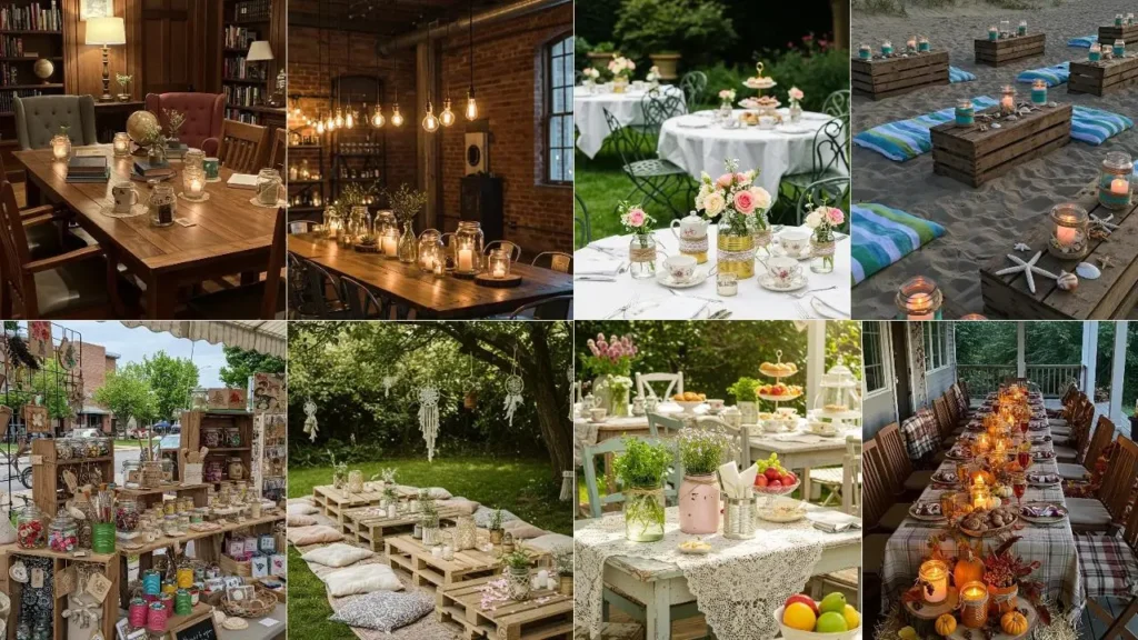 Upcycled DIY table decorations for parties, featuring glass jars, tin cans, and twine in various elegant and rustic settings.