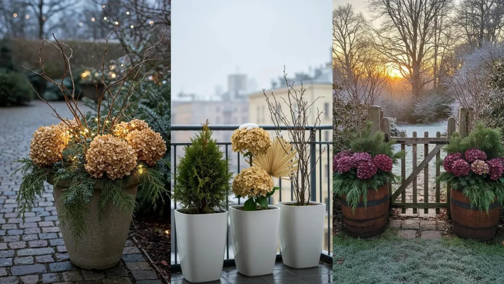 Beautiful winter pot displays featuring dried hydrangea heads, juniper sprigs, and snow-touched branches for outdoor decor.