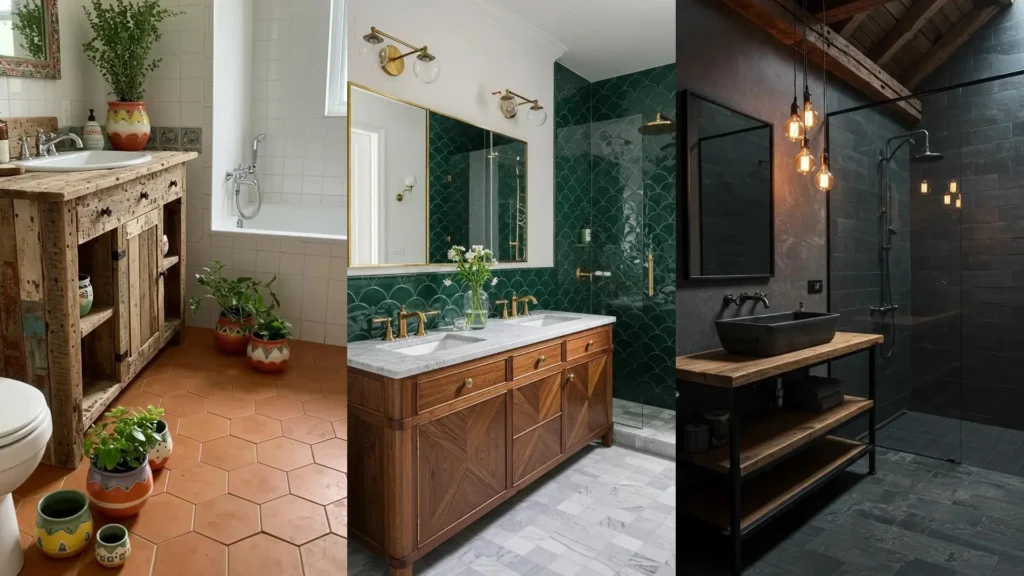 Artisanal bathrooms with reclaimed timber, handcrafted ceramics, and unique tile designs.