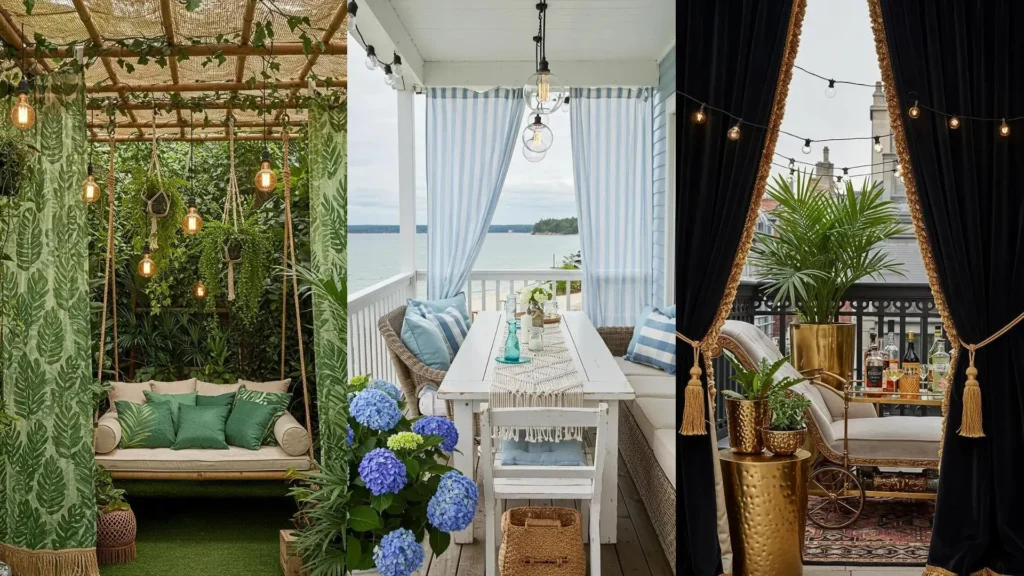 Bohemian terrace with a swing, green fringe curtains, macrame plants, and warm Edison bulbs.
