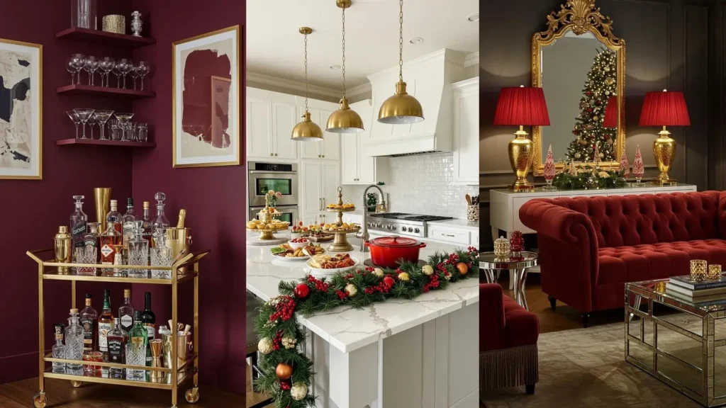 Glamorous red & gold Christmas party decor: a festive bar area, decorated kitchen island, and elegant living room.