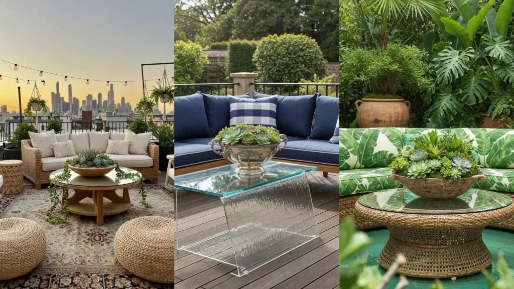 Chic glass-topped patio coffee tables with succulent centerpieces in various stylish outdoor settings.
