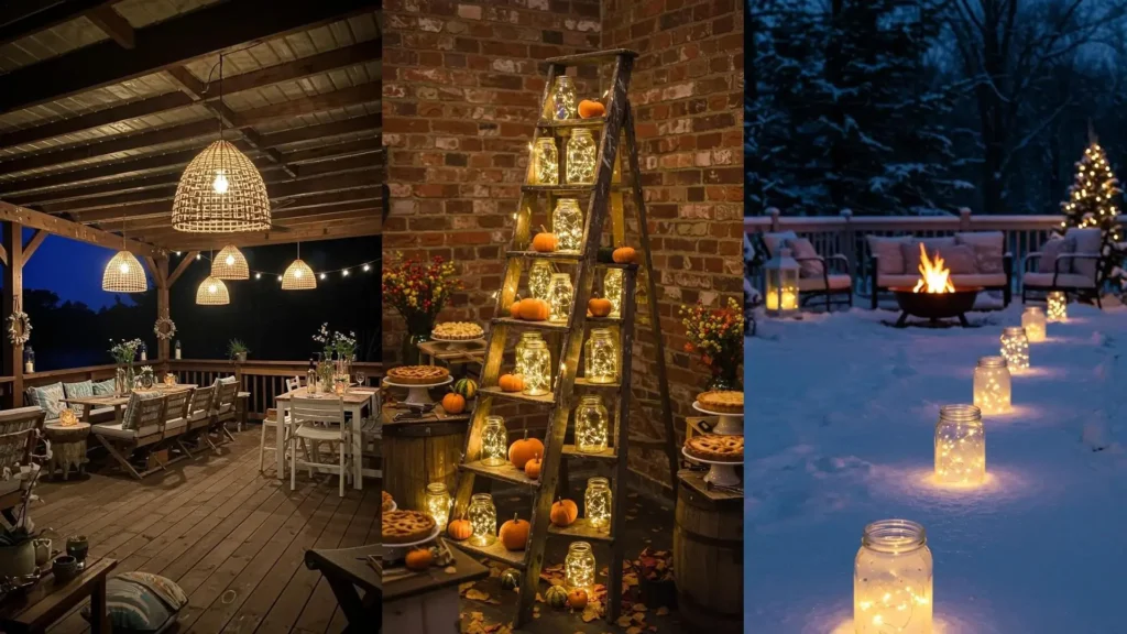 DIY party lighting ideas featuring glowing fairy lights in jars and charming outdoor decorative lamps for festive gatherings.