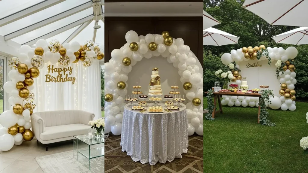 Elegant gold and white balloon backdrops for adult birthday celebrations, featuring arches, dessert tables, and party decor.
