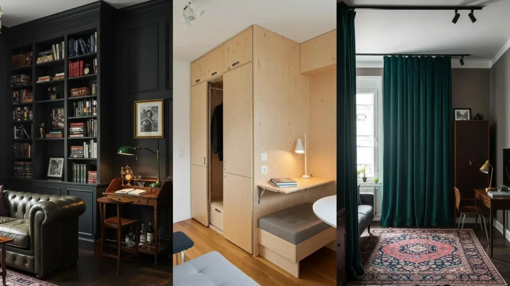 Collage of small studio apartment designs showcasing zoned layouts, including a wall-mounted desk and curtain dividers.