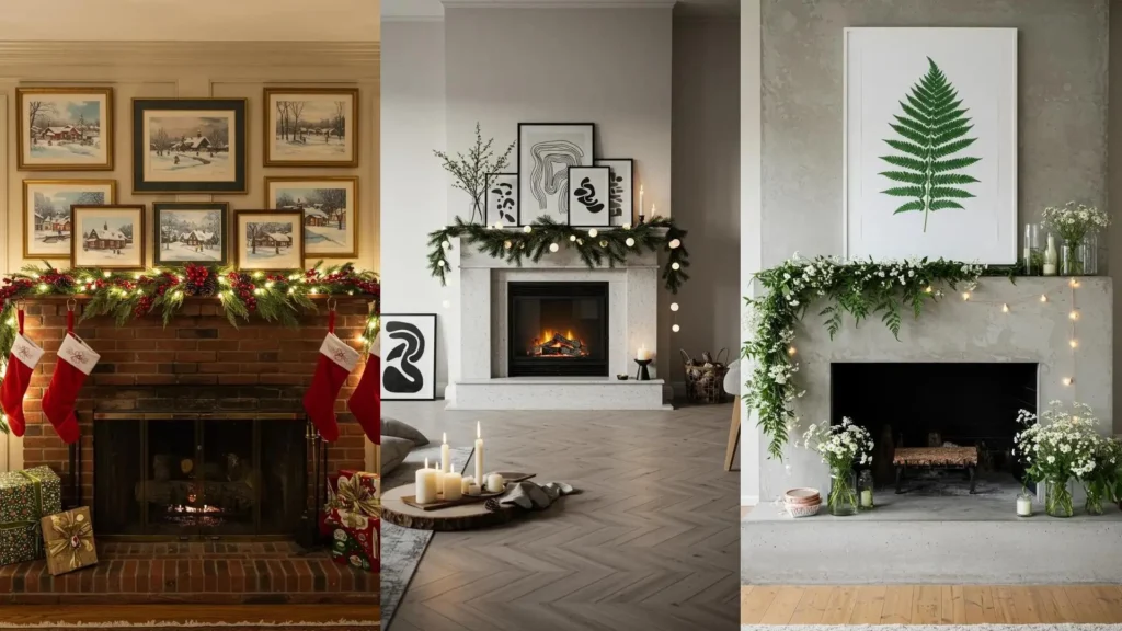 Fireplace mantels decorated for various seasons with garlands, string lights, and framed artwork.