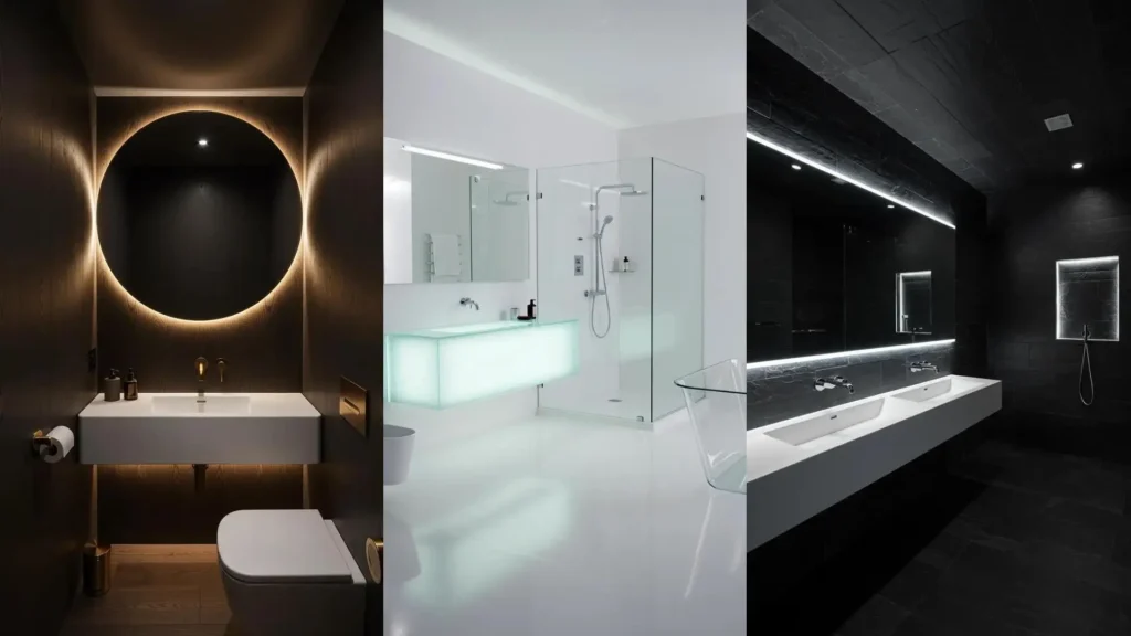 Futuristic minimalist bathrooms with integrated LED lighting and floating vanities, showcasing modern decor.