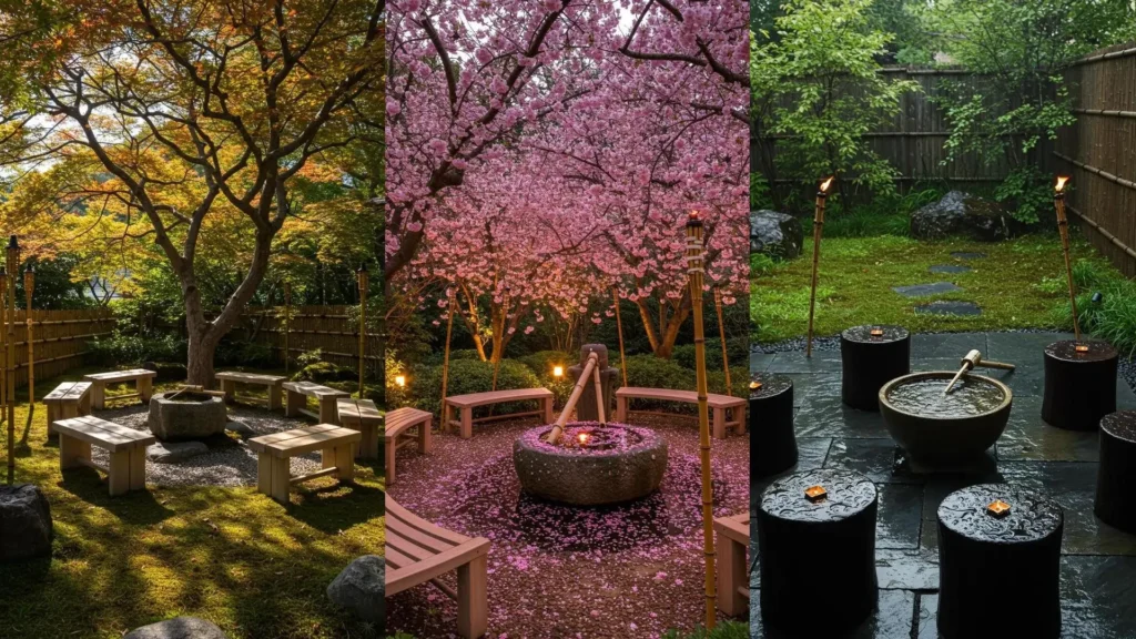 Japanese-style zen gardens with seating circles, stone water basins, and bamboo torches.