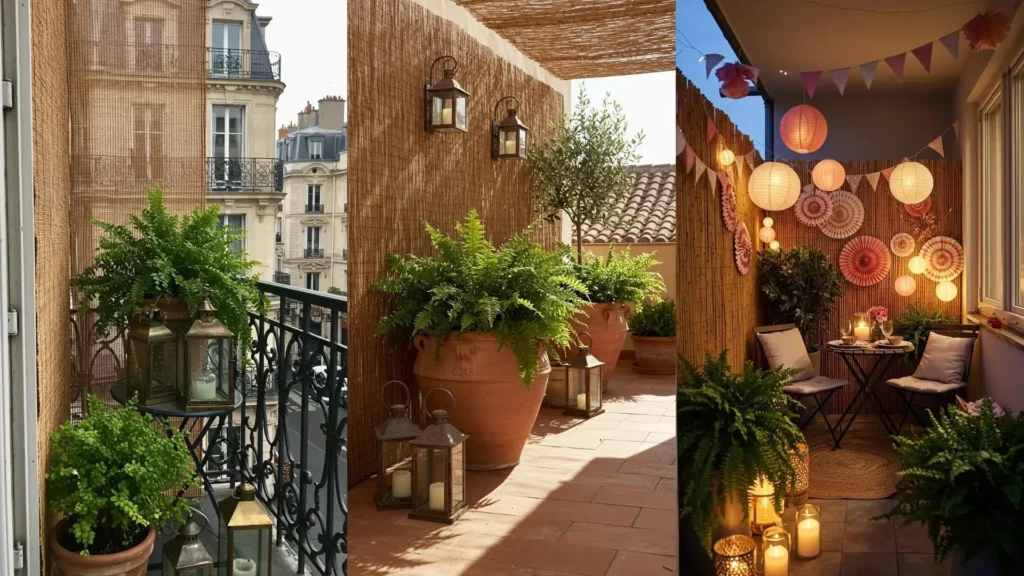 Lush city balcony retreats with ferns, vertical bamboo screens, and cozy garden lanterns.