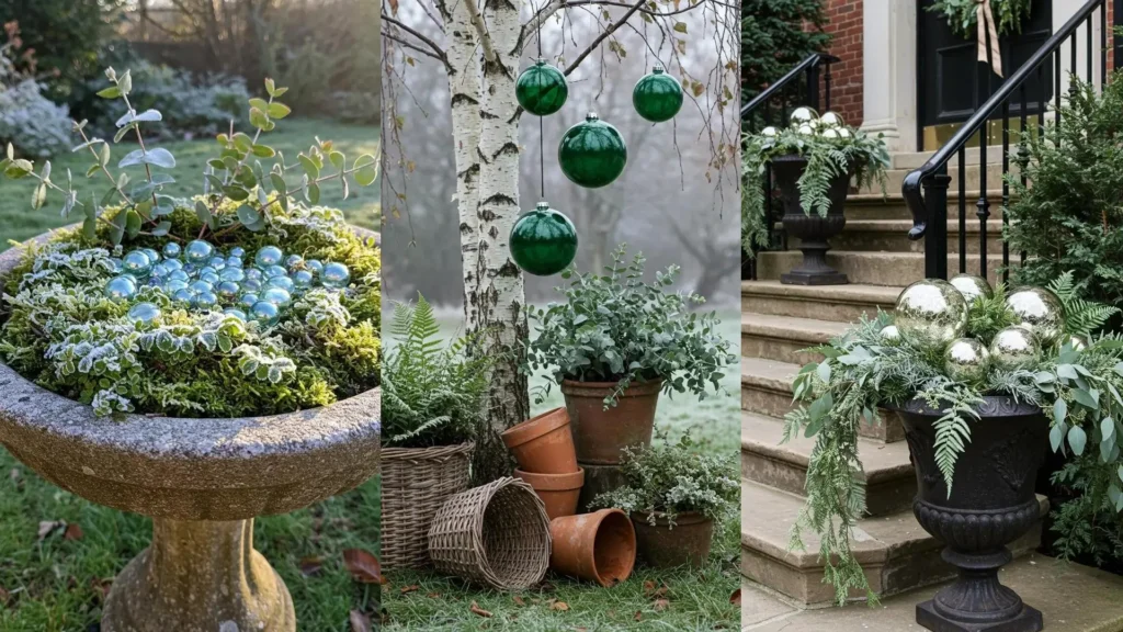 Mini garden vignettes with eucalyptus, frosted ferns, and outdoor baubles in various planters.