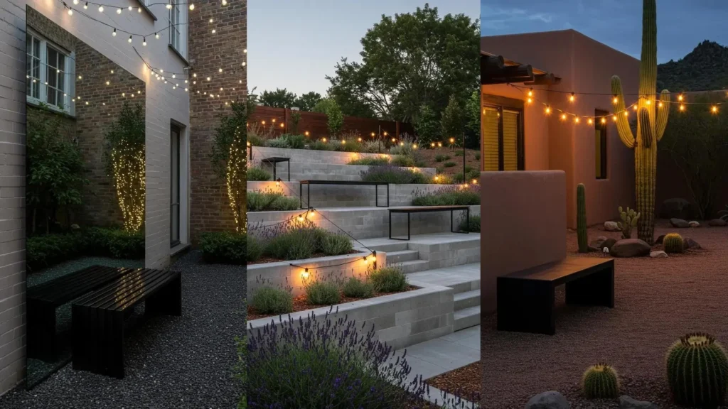 Modern minimalist gardens with sleek black steel benches and glowing string lights for outdoor seating.