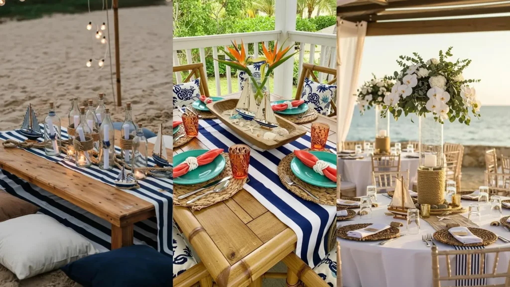 Three stunning nautical table styling ideas featuring navy stripes, rope knots, and mini sailboats for a perfect party.