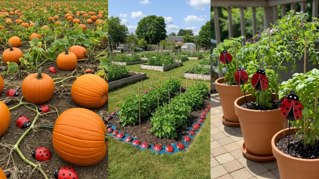 Durable painted ladybug rock DIY garden markers in a vibrant outdoor garden and pumpkin patch.