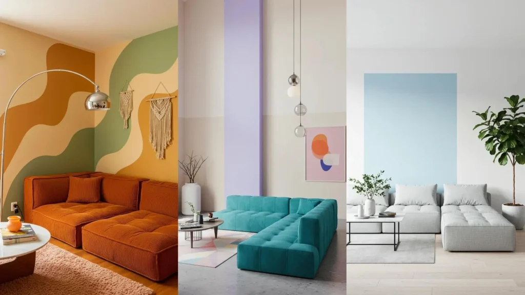 Playful color-blocked living rooms with pastel walls and cozy modular sectionals.