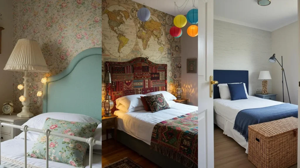 Three rental bedroom designs showcasing fabric headboards, removable wallpaper, and layered lighting for stylish spaces.