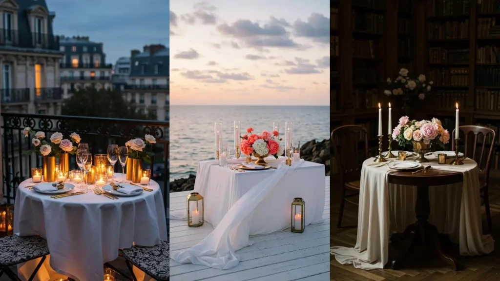 Three romantic candlelit tablescapes with soft florals and gold accents for elegant party decoration.