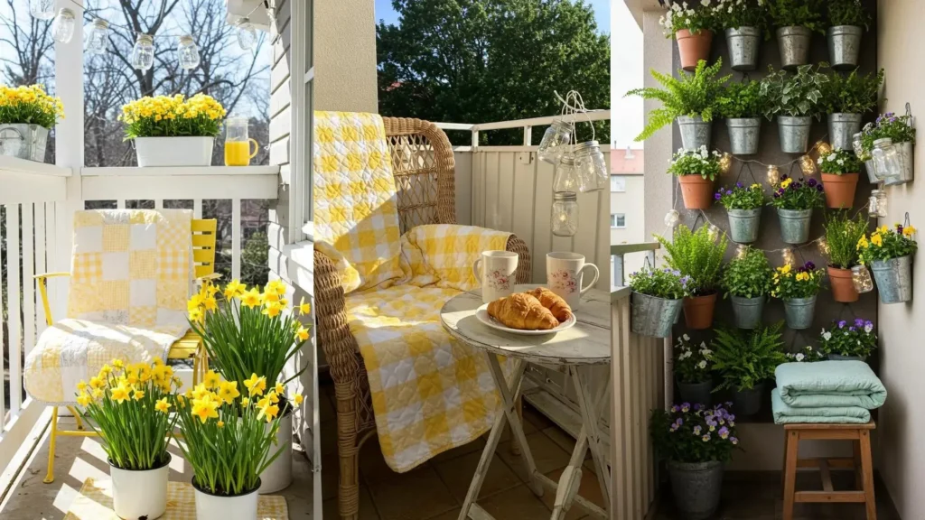 Shabby chic balcony nooks with cozy quilts, blooming flowers, and twinkling mason jar lights.
