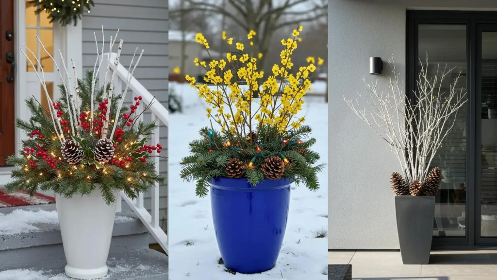 Collection of snowy planter designs featuring evergreen boughs, icy branches, pinecones, and glowing mini LED lights.