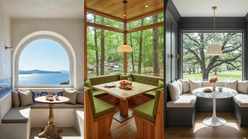 Three sunlit breakfast nooks with banquette seating and panoramic windows overlooking diverse views like sea, forest, and garden.