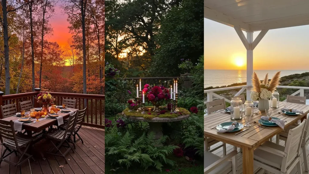 Three beautiful sunset terrace tablescapes with candles and fresh blooms for romantic outdoor dining.