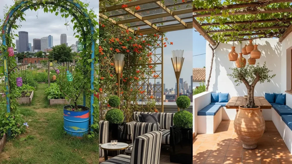 Urban garden designs with trellised vines, sculptural lighting, and potted trees.