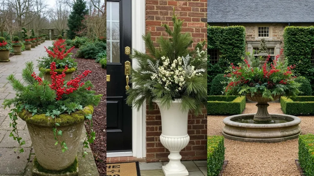 Winter garden arrangements in frost-proof pots with red berries and fir sprigs lining a path, porch, and fountain.
