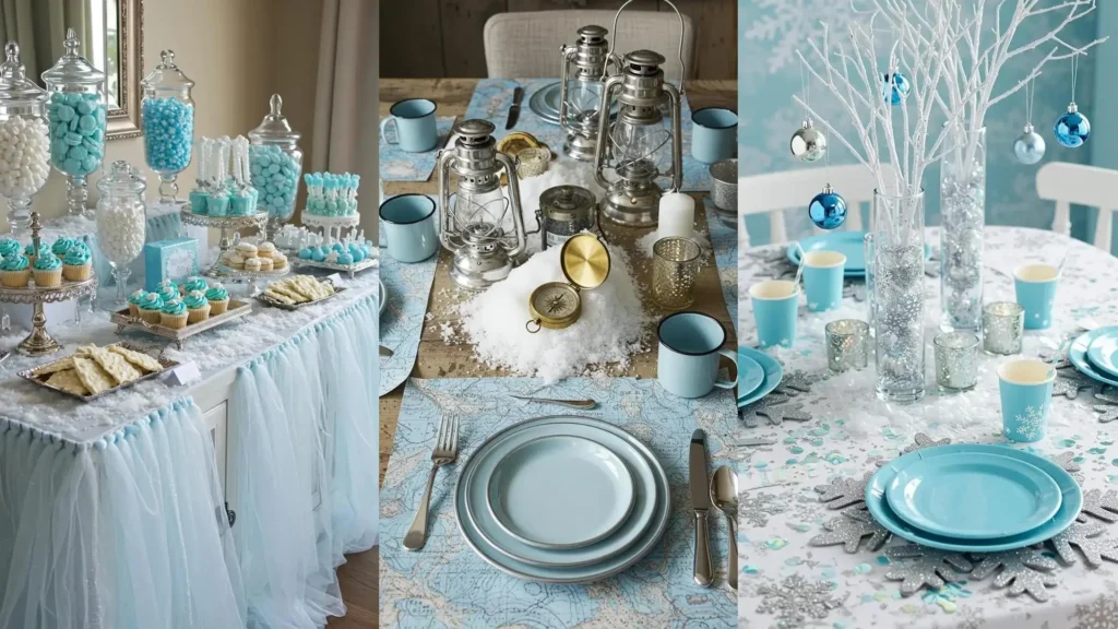 Winter wonderland table settings with icy blue decor, silver accents, and faux snow.