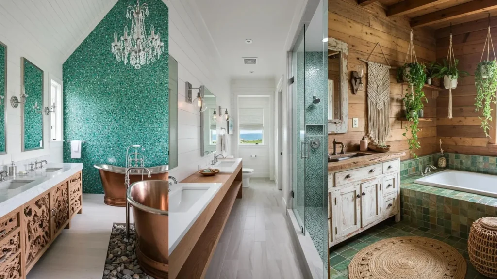Coastal bathrooms collage: shiplap walls, sea glass mosaic, driftwood vanities, and ocean views.