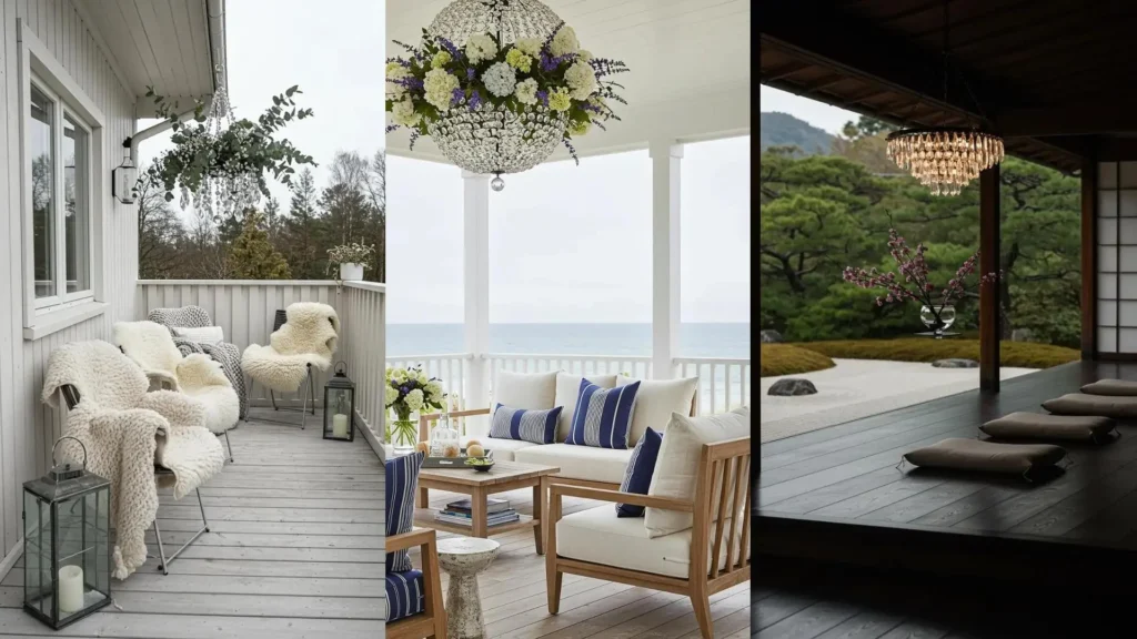 Collection of crystal prism patio chandeliers with floral accents on various outdoor terraces.