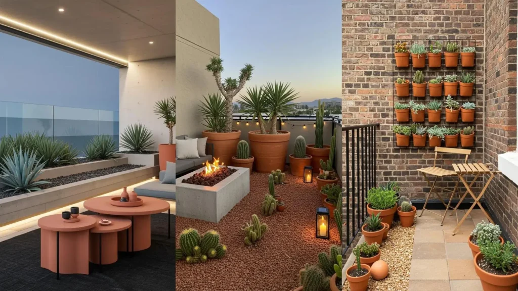 Diverse urban desert garden balcony ideas featuring cactus pots, gravel beds, and terracotta decor for stylish aesthetics.