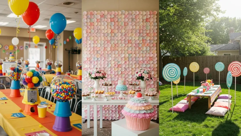Vibrant DIY candy-themed party decor: gumball machine centerpieces, dessert table with cupcakes, and large outdoor lollipops.