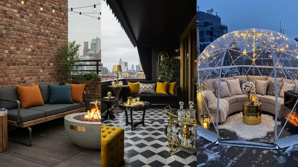Three luxurious terrace lounge designs showcasing velvet pillows and elegant gold accents.